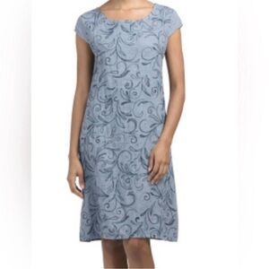 Lina Tomei Linen Cap Sleeve Embroidered Blue Sun‎ Dress Size Large